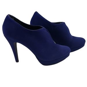 Navy Blue Faux Suede Ankle Boots Size 8.5 Hidden Platform Stretch Strap Booties